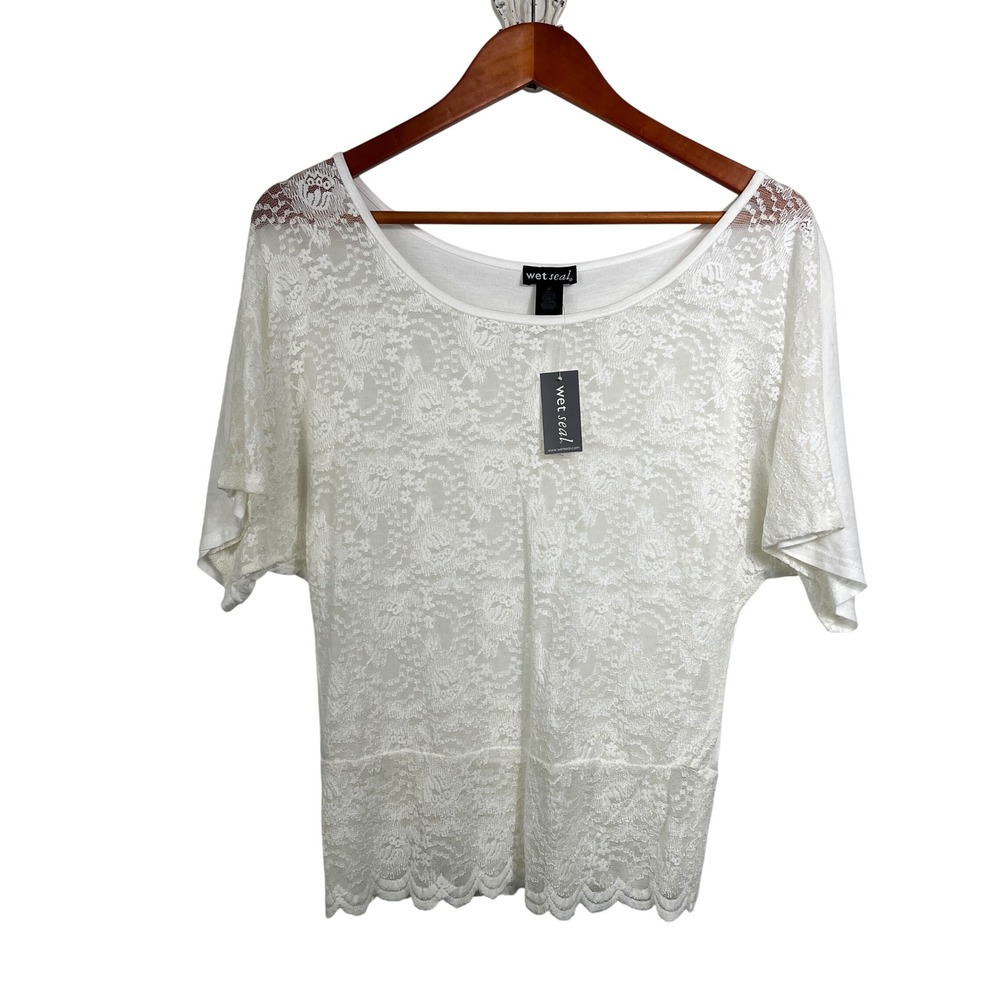 Wet Seal Womens White Floral Lace Dolman Sleeve Scalloped‎ Hem Top Medium NEW